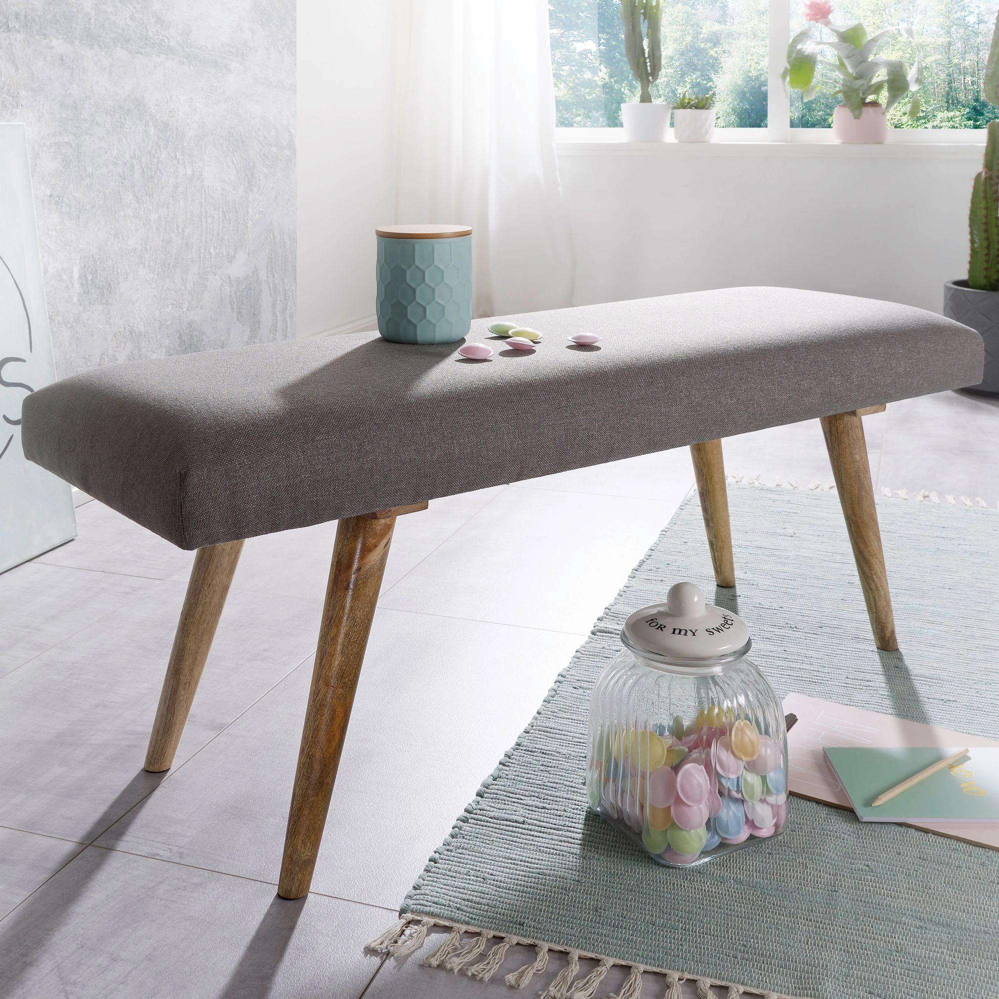 FineBuy Sitzbank Stoff / Massivholz Bank grau 117x51x38 cm im Retro Stil, 2er Polsterbank Flur, Gepolsterte Stoffbank Esszimmer braun, Kleine Bettbank Baumwolle, Flurbank Dielenmöbel schmal