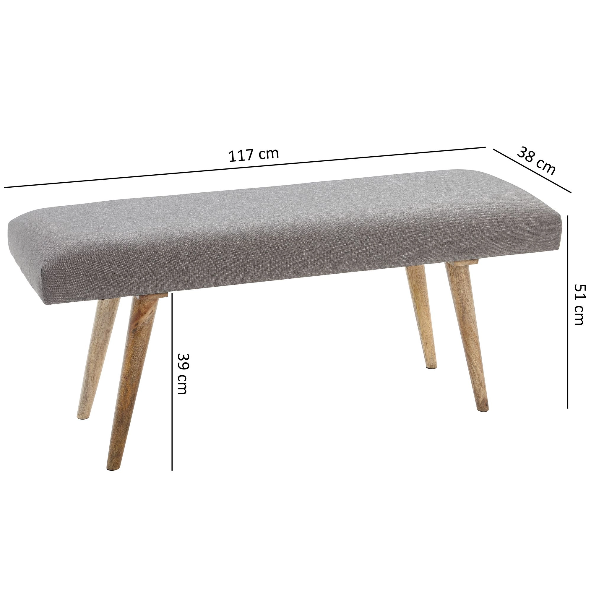 FineBuy Sitzbank Stoff / Massivholz Bank grau 117x51x38 cm im Retro Stil, 2er Polsterbank Flur, Gepolsterte Stoffbank Esszimmer braun, Kleine Bettbank Baumwolle, Flurbank Dielenmöbel schmal