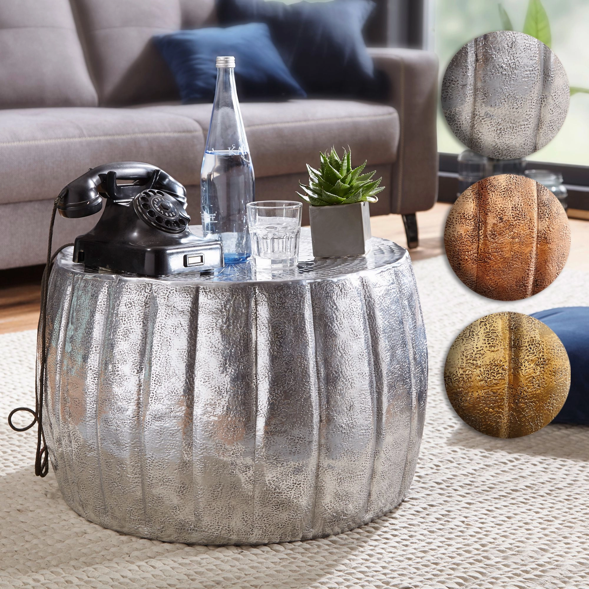 FineBuy Couchtisch 60 x 60 x 36 cm Aluminium Beistelltisch orientalisch rund, Flacher Sofatisch Metall, Design Wohnzimmertisch modern, Loungetisch Stubentisch klein