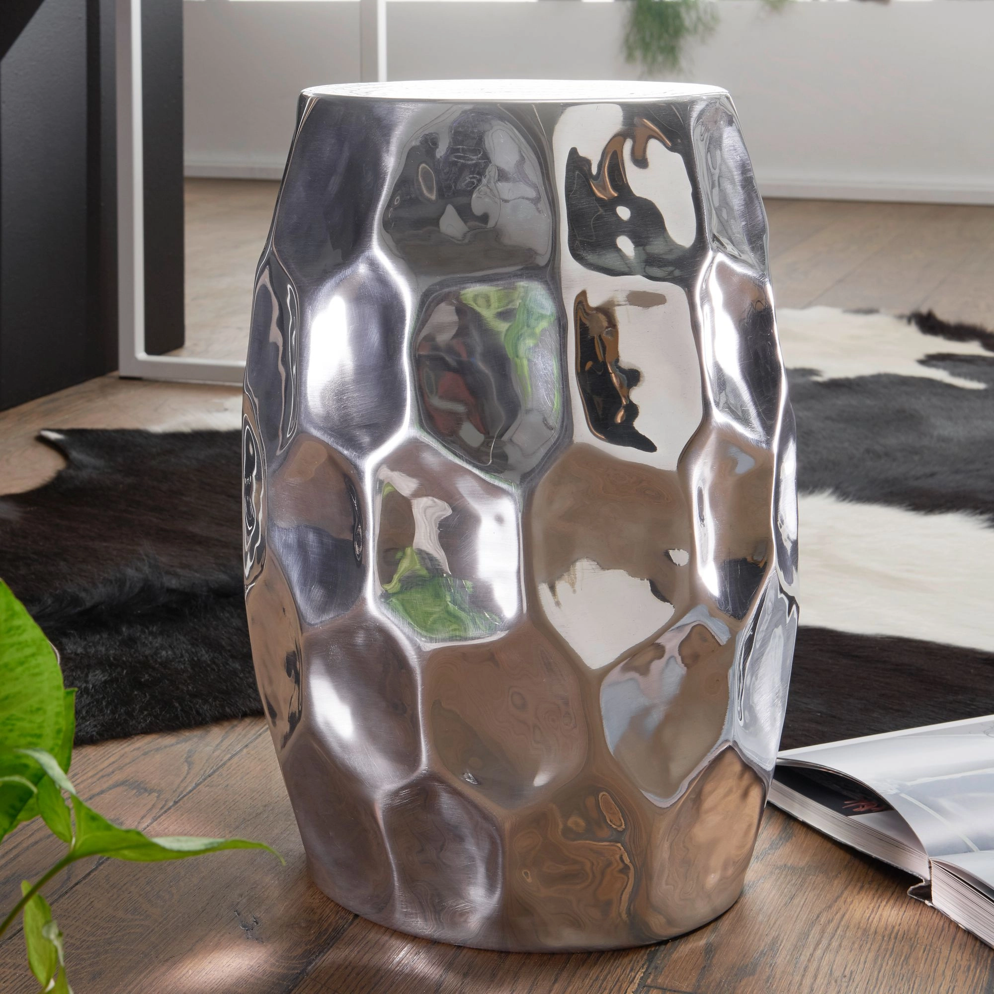 FineBuy Beistelltisch 30 x 47 x 30 cm Aluminium Dekotisch orientalisch rund, Kleiner Hammerschlag Abstelltisch, Designer Ablagetisch Metall modern, Kleiner Anstelltisch schmal