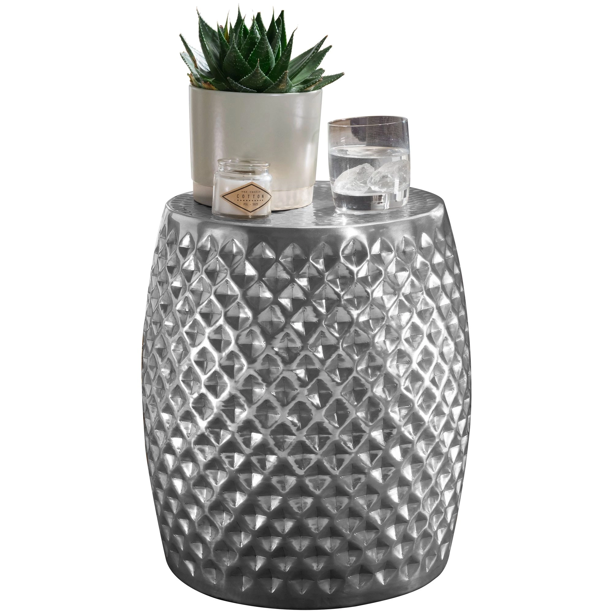 FineBuy Beistelltisch 32 x 42 x 32 cm Aluminium Anstelltisch Orientalisch rund, Flacher Hammerschlag Sofatisch Metall, Design Wohnzimmertisch modern, Ablagetisch Indisch Telefontisch klein