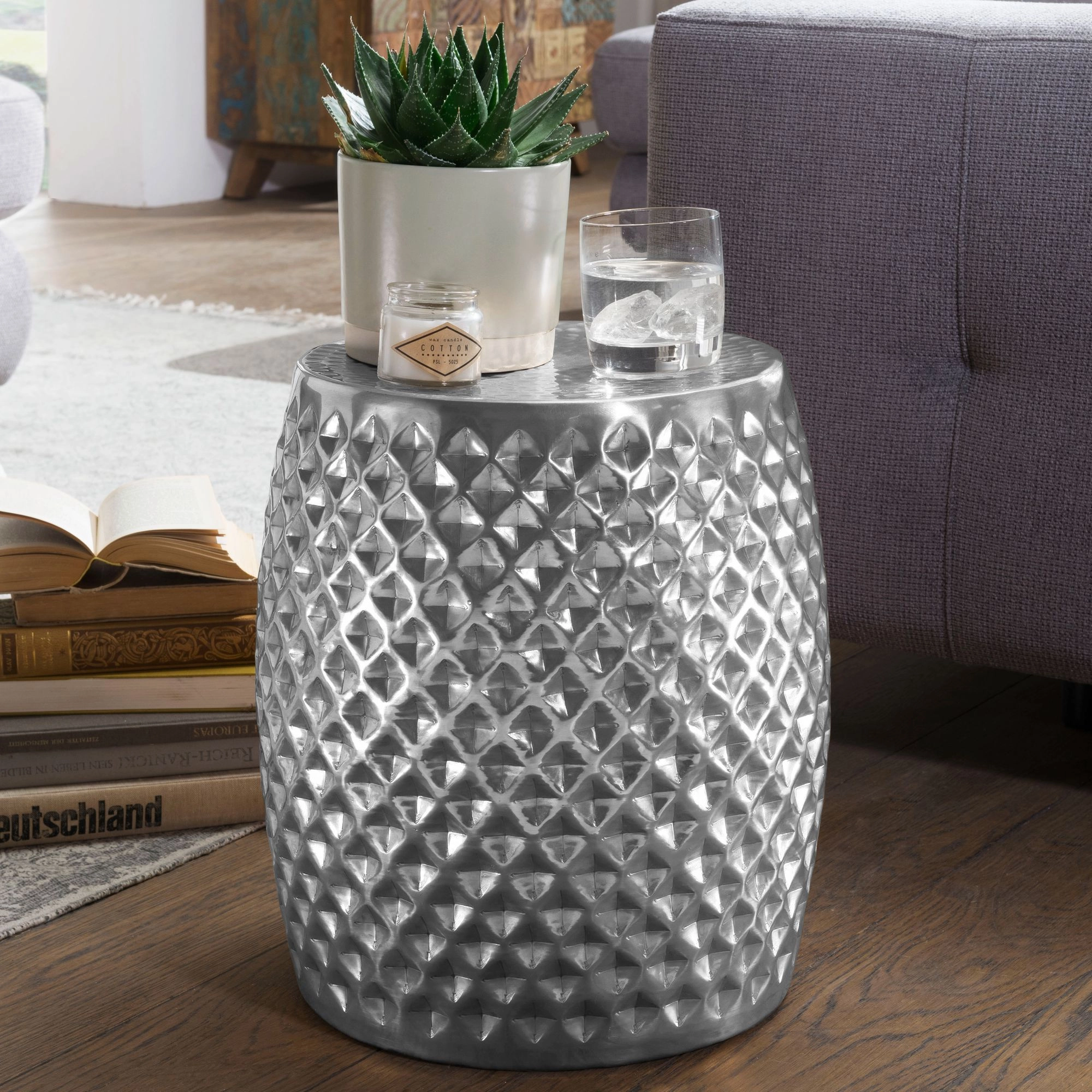 FineBuy Beistelltisch 32 x 42 x 32 cm Aluminium Anstelltisch Orientalisch rund, Flacher Hammerschlag Sofatisch Metall, Design Wohnzimmertisch modern, Ablagetisch Indisch Telefontisch klein