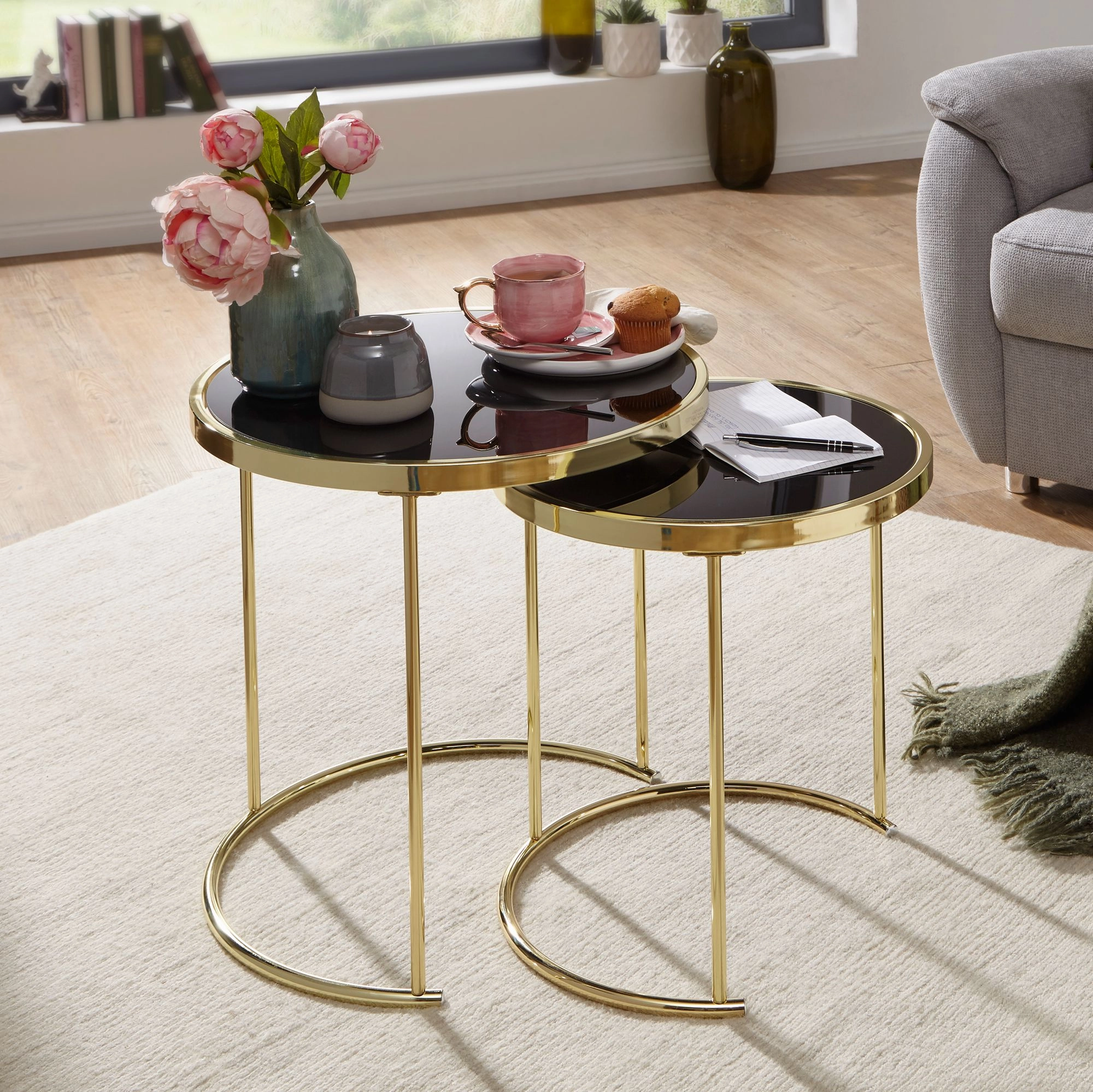 FineBuy Design Satztisch COMO schwarz / Gold Beistelltisch Metall / Glas, Couchtisch Set aus 2 Tischen, Kleiner Wohnzimmertisch, Metalltisch mit Glasplatte, Ablagetisch modern