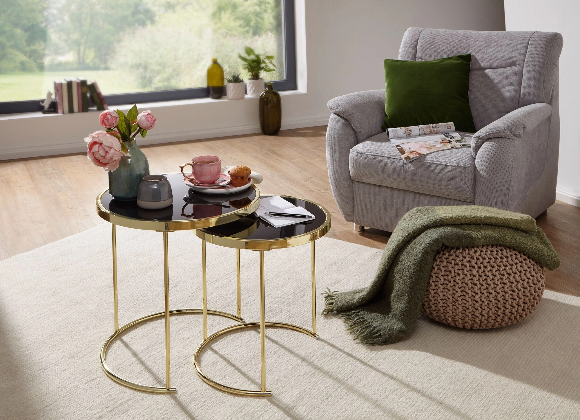 FineBuy Design Satztisch COMO schwarz / Gold Beistelltisch Metall / Glas, Couchtisch Set aus 2 Tischen, Kleiner Wohnzimmertisch, Metalltisch mit Glasplatte, Ablagetisch modern