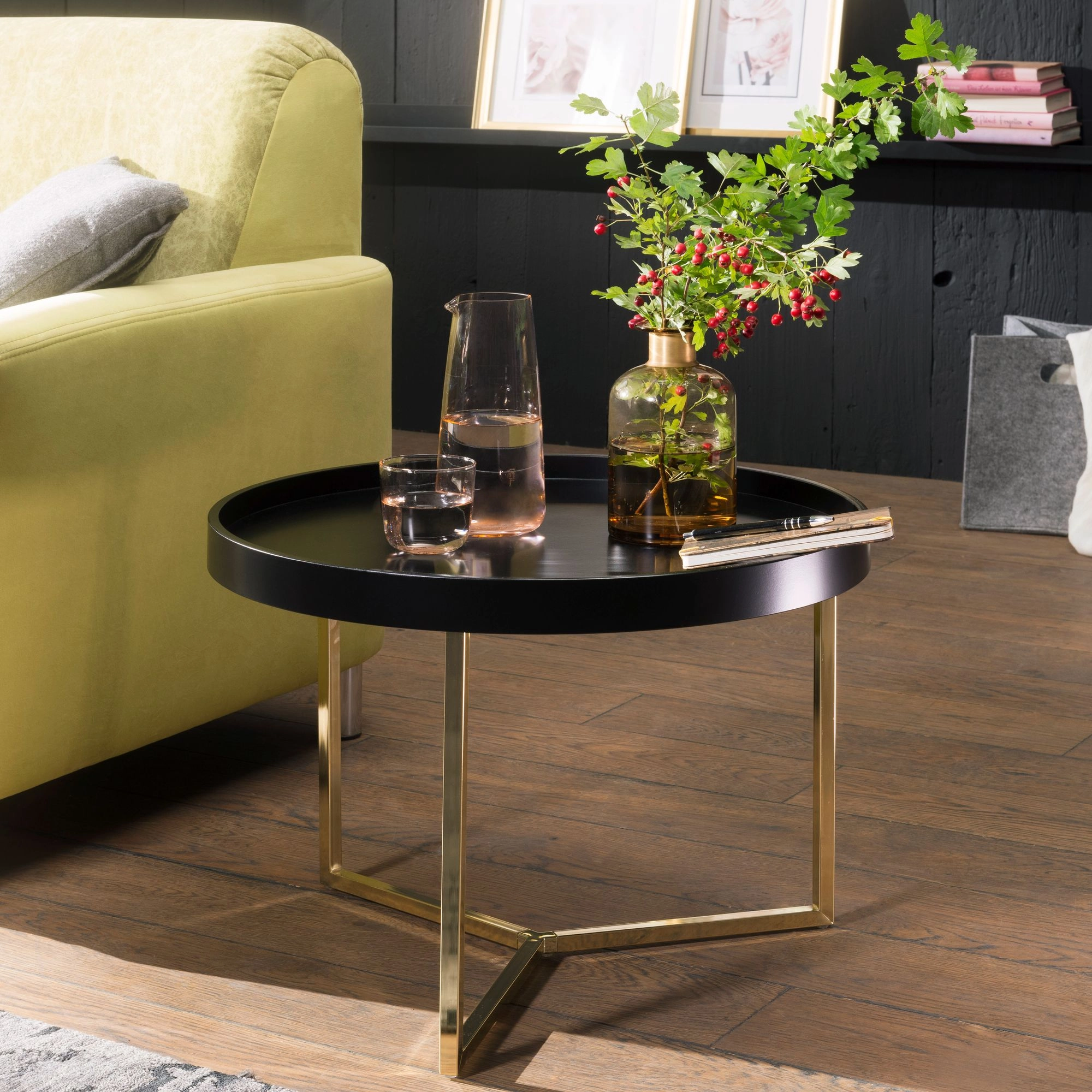 FineBuy Couchtisch 58,5x42x58,5cm Sofatisch Metall Rund, Designer Retro Wohnzimmertisch modern, Kleiner Loungetisch mit Metallgestell, Runder Tabletttisch mit Holz-Platte