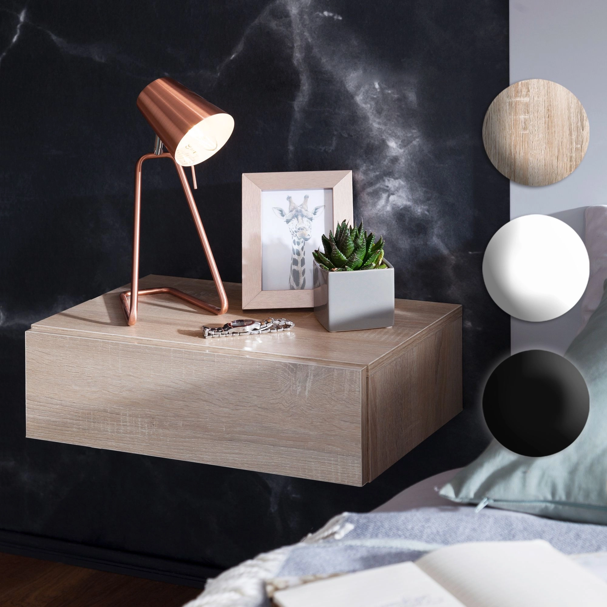 FineBuy Nachtkonsole ZADAR für Wandmontage 46x15x30cm Nachttisch Holz, Wandregal mit Schublade, Nachtschrank Wandboard für Boxspringbett schwebend, Wandkonsole Nachtkästchen hängend