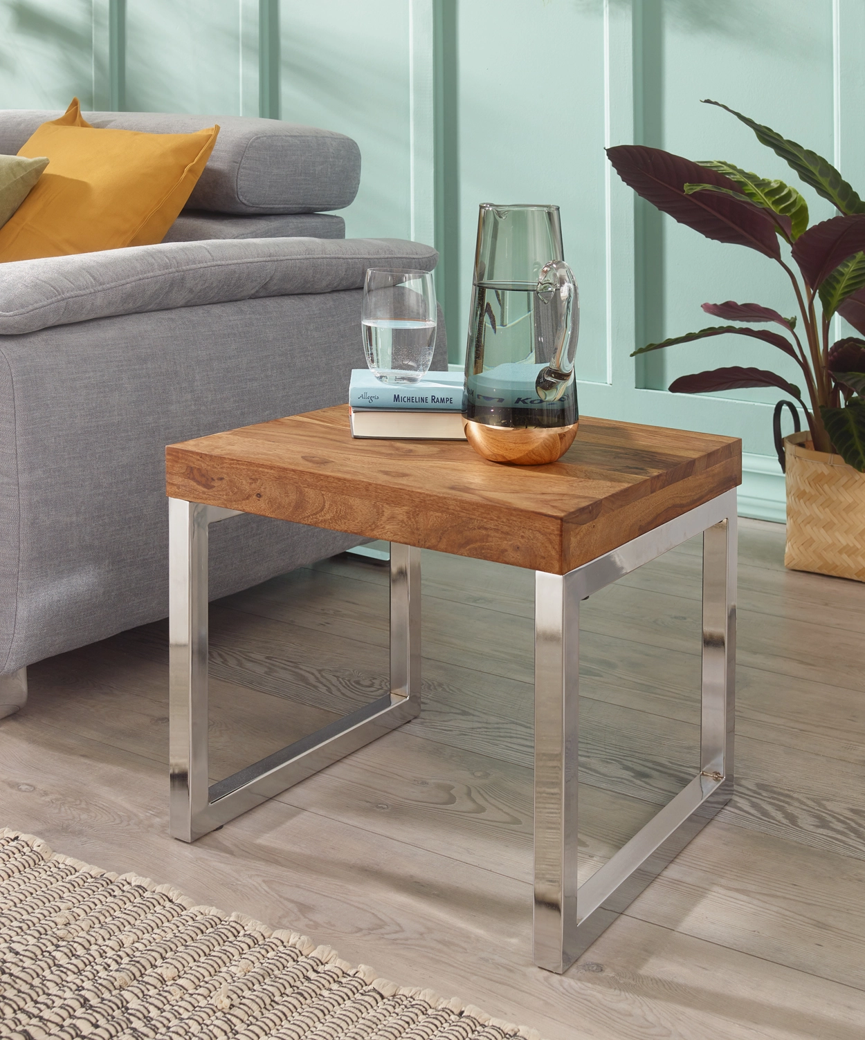 FineBuy Beistelltisch Massiv-Holz Sheesham Wohnzimmer-Tisch Metallgestell Couchtisch Landhaus-Stil dunkelbraun 45 cm Natur-Produkt Wohnzimmermöbel Unikat modern Massivholzmöbel Echtholz Anstelltisch