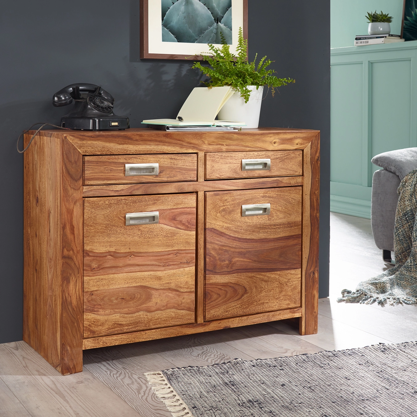 FineBuy Sideboard Massivholz Sheesham Kommode 90 cm 2 Schubladen 2 Türen Design Highboard Landhaus-Stil braun natur Echt-Holz Schubladenkommode Natur-Produkt Flur-Möbel Aufbewahrung Dielen-Möbel