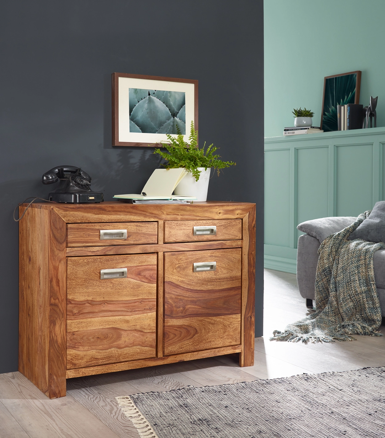 FineBuy Sideboard Massivholz Sheesham Kommode 90 cm 2 Schubladen 2 Türen Design Highboard Landhaus-Stil braun natur Echt-Holz Schubladenkommode Natur-Produkt Flur-Möbel Aufbewahrung Dielen-Möbel