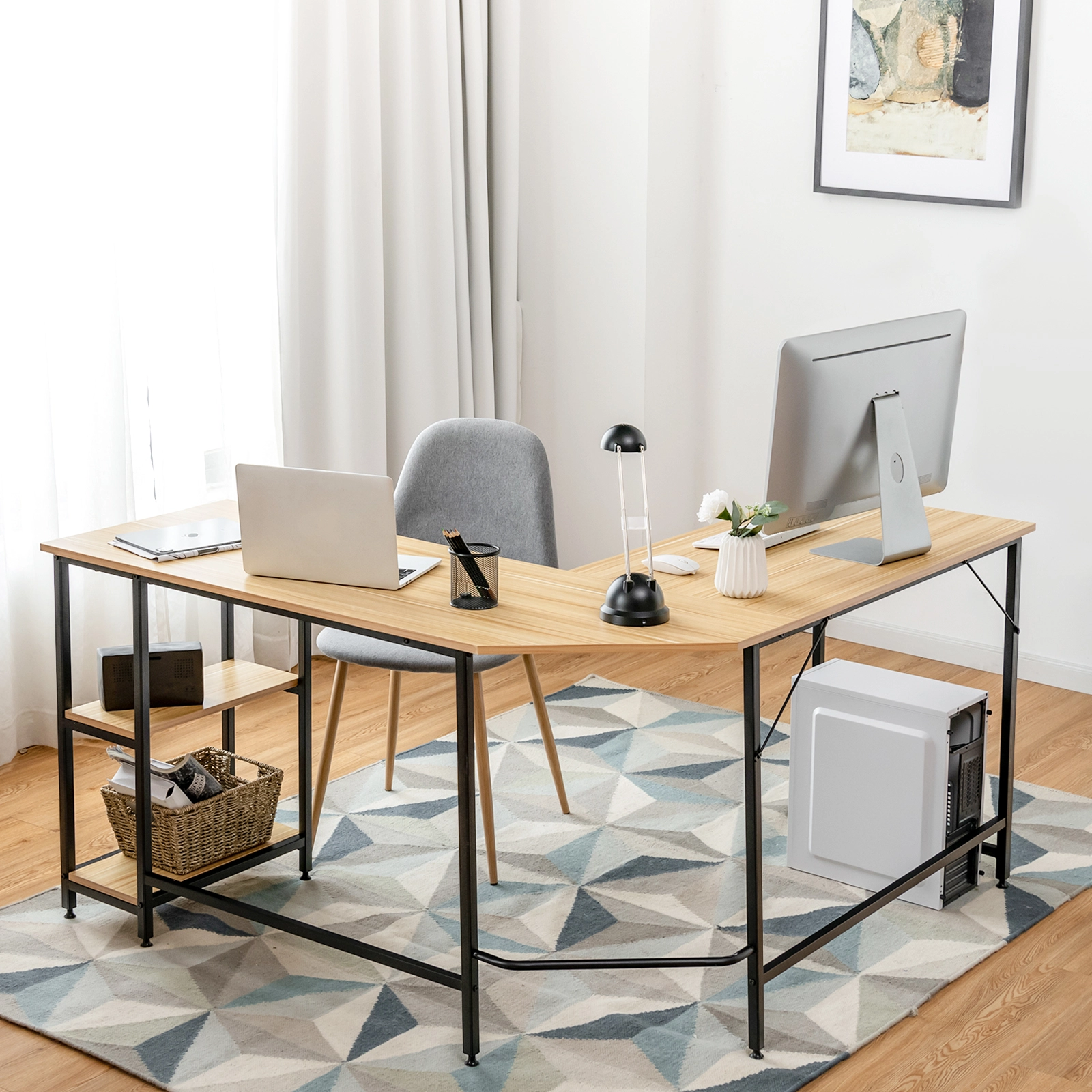 Costway L-förmiger Schreibtisch Homeoffice-Schreibtisch mit 2 Ablageflächen 138 x 60 x 75 cm Natur