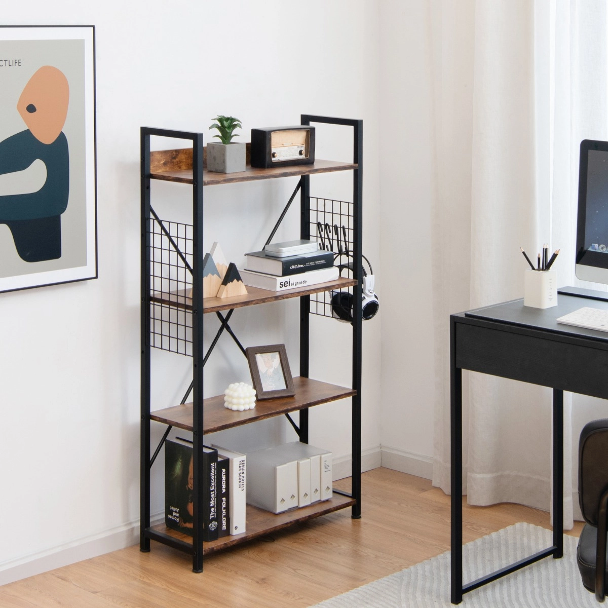Costway Industrielles 4-stufiges Bücherregal multifunktionales Lagerregal mit Anti-Kipp-Vorrichtung