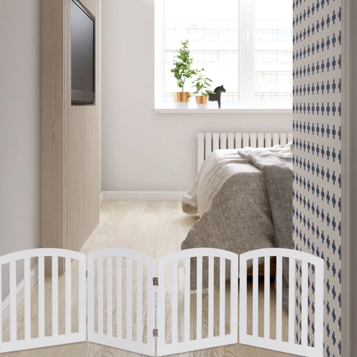 Costway 4-teiliges Absperrgitter für Hunde klappbarer Freistehender Schutzgitter Holz weiß