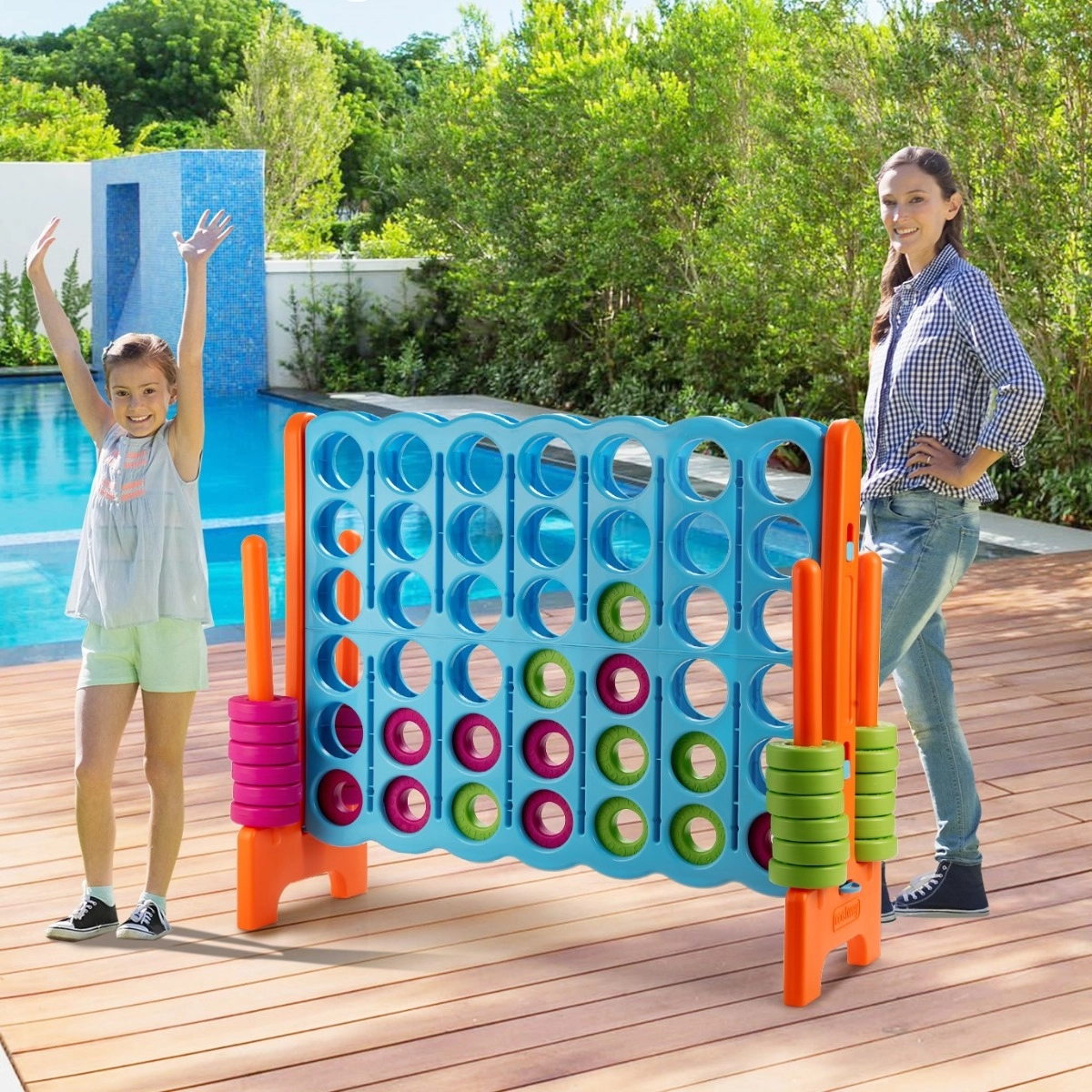 Costway Vier-Gewinnt Spiel Vier in Einer Reihe Spiel mit 42 Jumbo Ringen 120 x 42 x 104 cm Blau + Orange