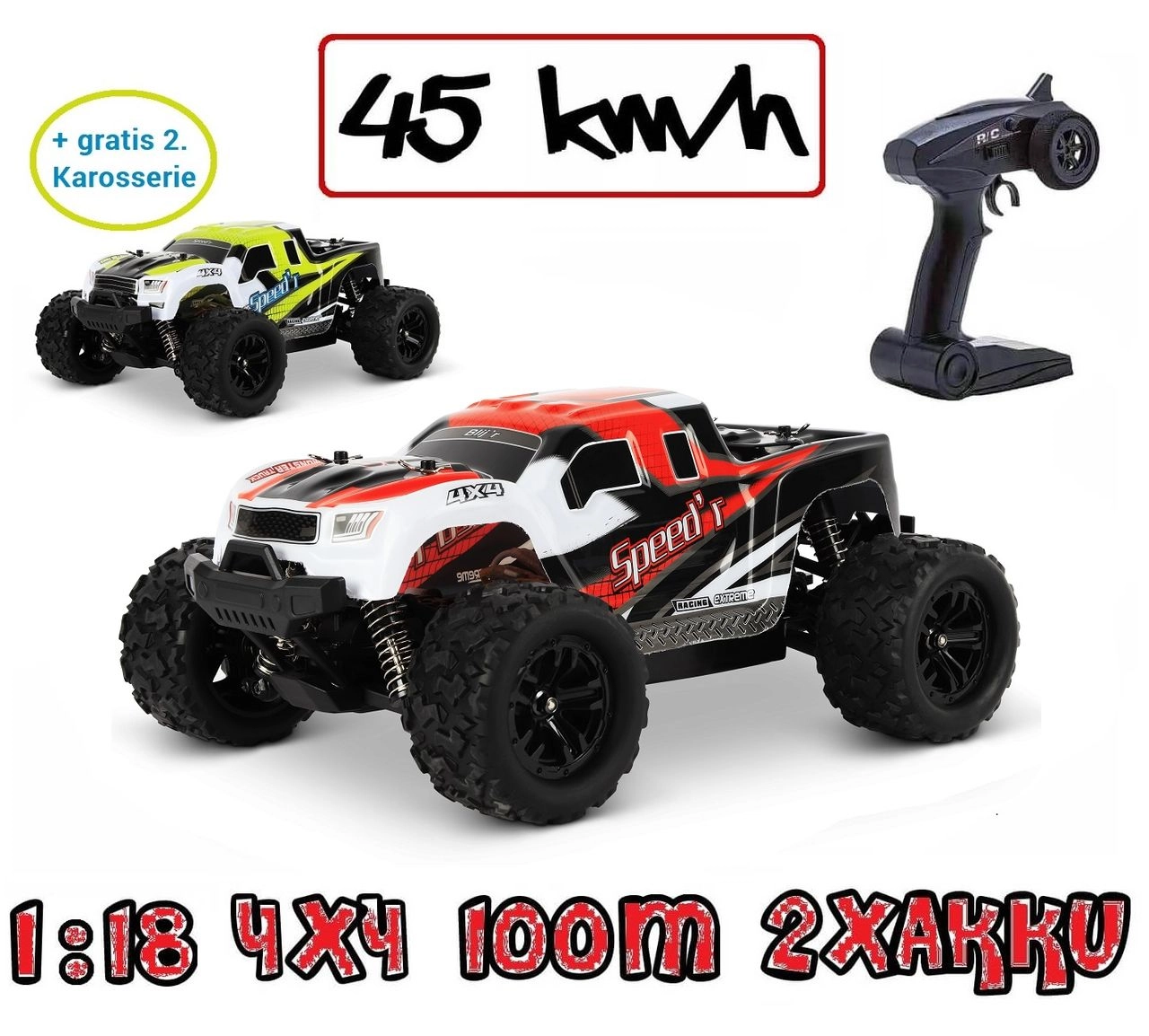 Blij´r Speed´r ferngesteuerter RC Monstertruck Rot 45 km/h, 1:18, 2 Akkus, Allrad, 100m, Ersatzkarosserie