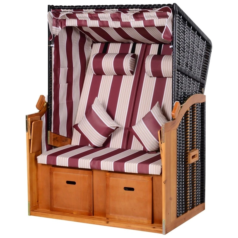 Strandkorb 118x79x150 cm für 2 Personen inkl. Rücken- und Sitzkissen verstellbare Rückenlehne Klapptische und Fußstützen rose