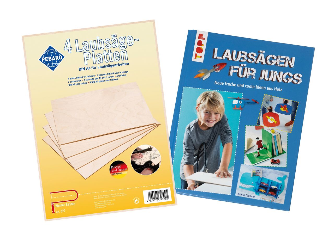 4 Laubsägeplatten aus Birkenholz mit Laubsägebuch