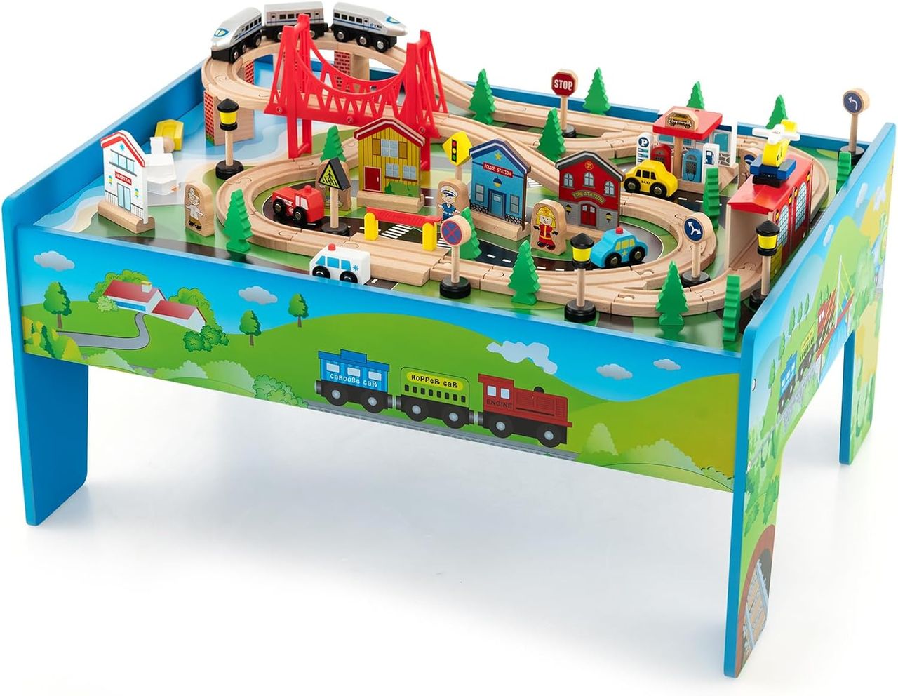 80-teiliges Kinder Eisenbahn Set, Spieltisch aus Holz mit umkehrbarer