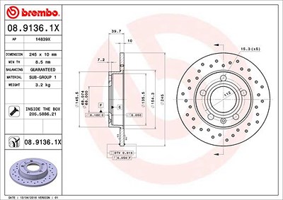 BREMBO Bremsscheibe 08.9136.1X Bremsscheiben,Scheibenbremsen AUDI,SEAT,A4 Avant (8ED, B7),A4 Avant (8E5, B6),A4 Limousine (8E2, B6)