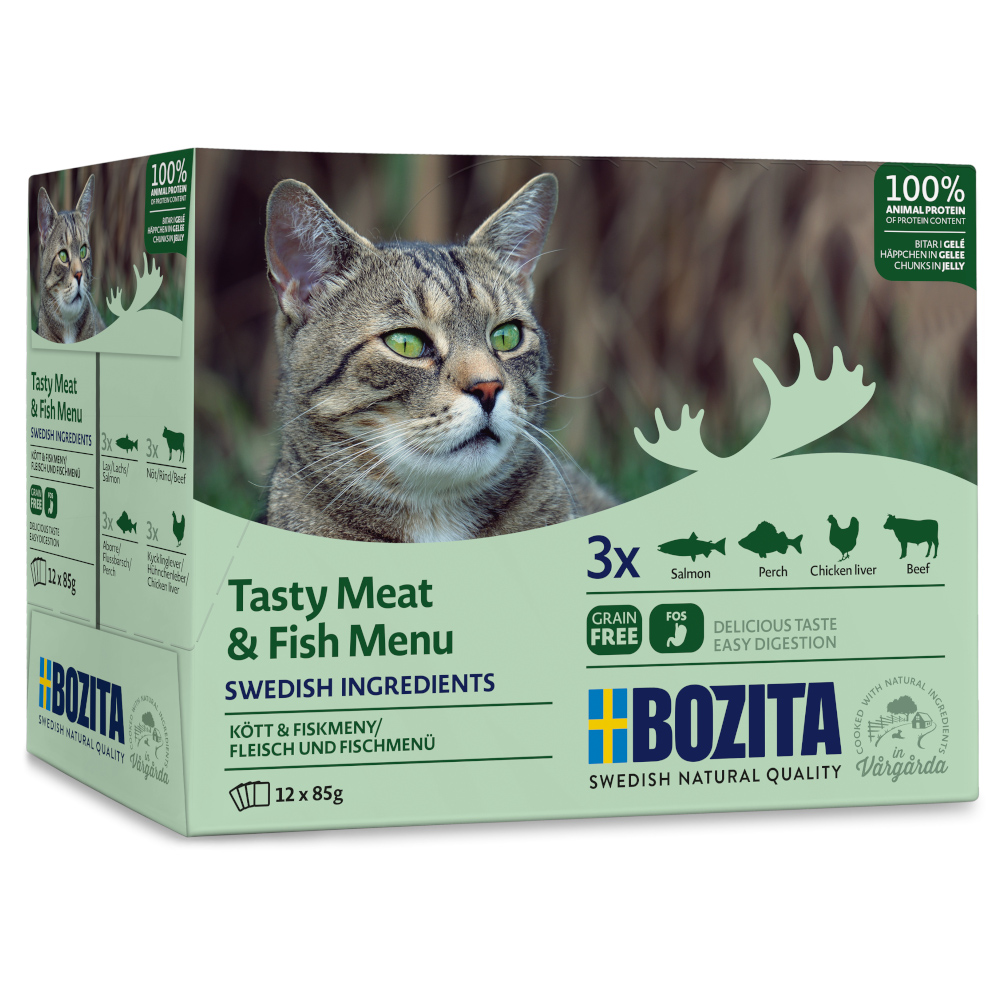 BOZITA Nassfutter Katze Adult Häppchen in Gelee mit Fisch und Fleisch Multibox 12x85 g