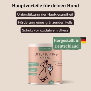 Hunderunde Futtertopping - Haut & Fell - Glänzendes Fell, Gesunde Haut, Natürliche Zutaten, vegan 250 g