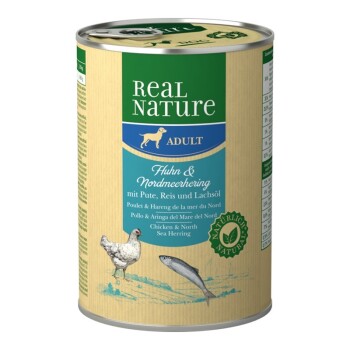 REAL NATURE Original Nassfutter für Hunde Adult Huhn und Nordmeerhering 24x400 g
