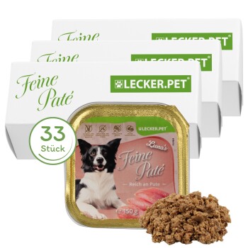 Lyra Pet Lecker.Pet Luna's Feine Paté Reich an Pute Hundefutter Nassfutter Vollnahrung 33x150 g