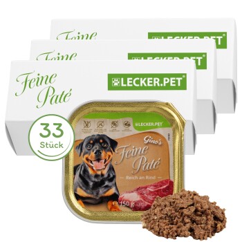 Lyra Pet Lecker.Pet Gino's Feine Paté Reich an Rind Hundefutter Nassfutter Vollnahrung 33x150 g