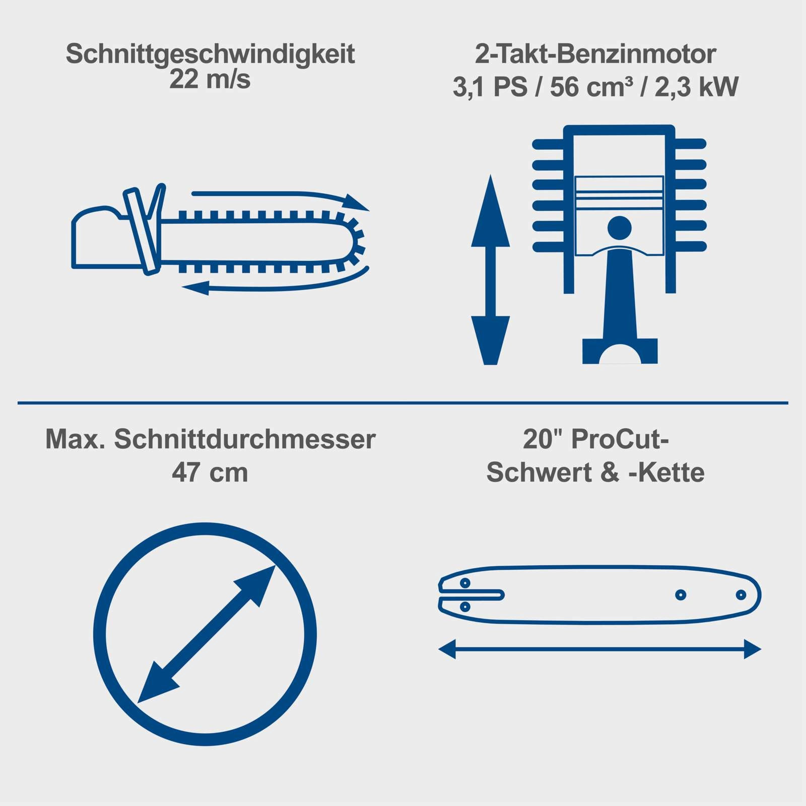 Benzin-Kettensäge PCS56E Scheppach - 3,1 PS / 2,3 kW 2-Takt-Benzinmotor | 20" / 51 cm ProCut-Schwert und -Kette