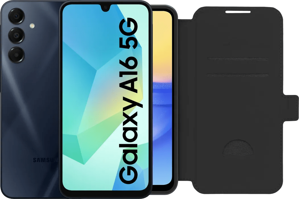 Samsung Galaxy A16 128GB Dunkelblau 5G + BlueBuilt Book Case Schwarz