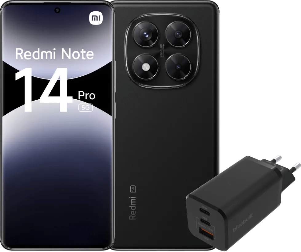 Redmi Note 14 Pro 256GB Schwarz 5G + BlueBuilt Ladegerät mit 3 USB-Anschlüssen 65 W Schwarz