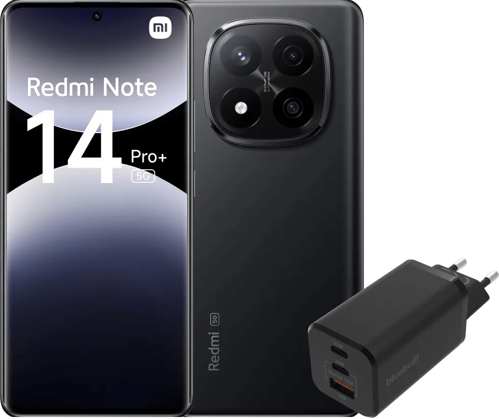 Redmi Note 14 Pro+ 512GB Schwarz 5G + BlueBuilt Ladegerät mit 3 USB-Anschlüssen 65 W Schwarz