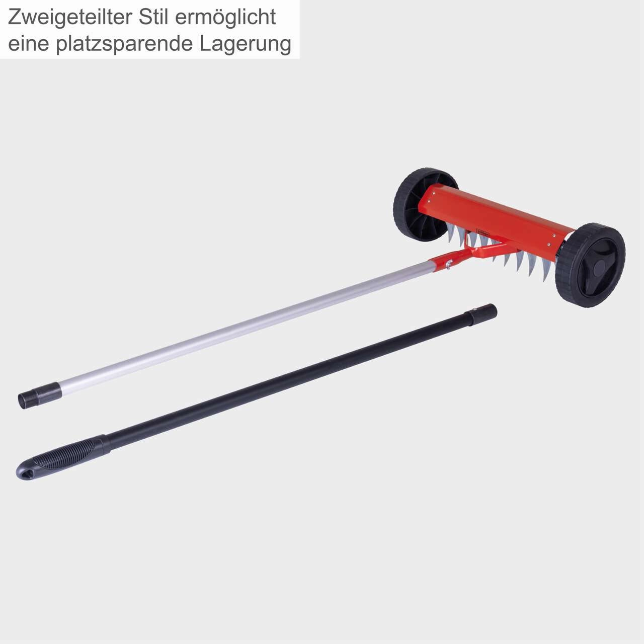 Handvertikutierer SCM340 Scheppach - 34cm Arbeitsbreite | 90mm Arbeitshöhe | 180cm Alu-Stiel | 11 Messer | Vertikutierer