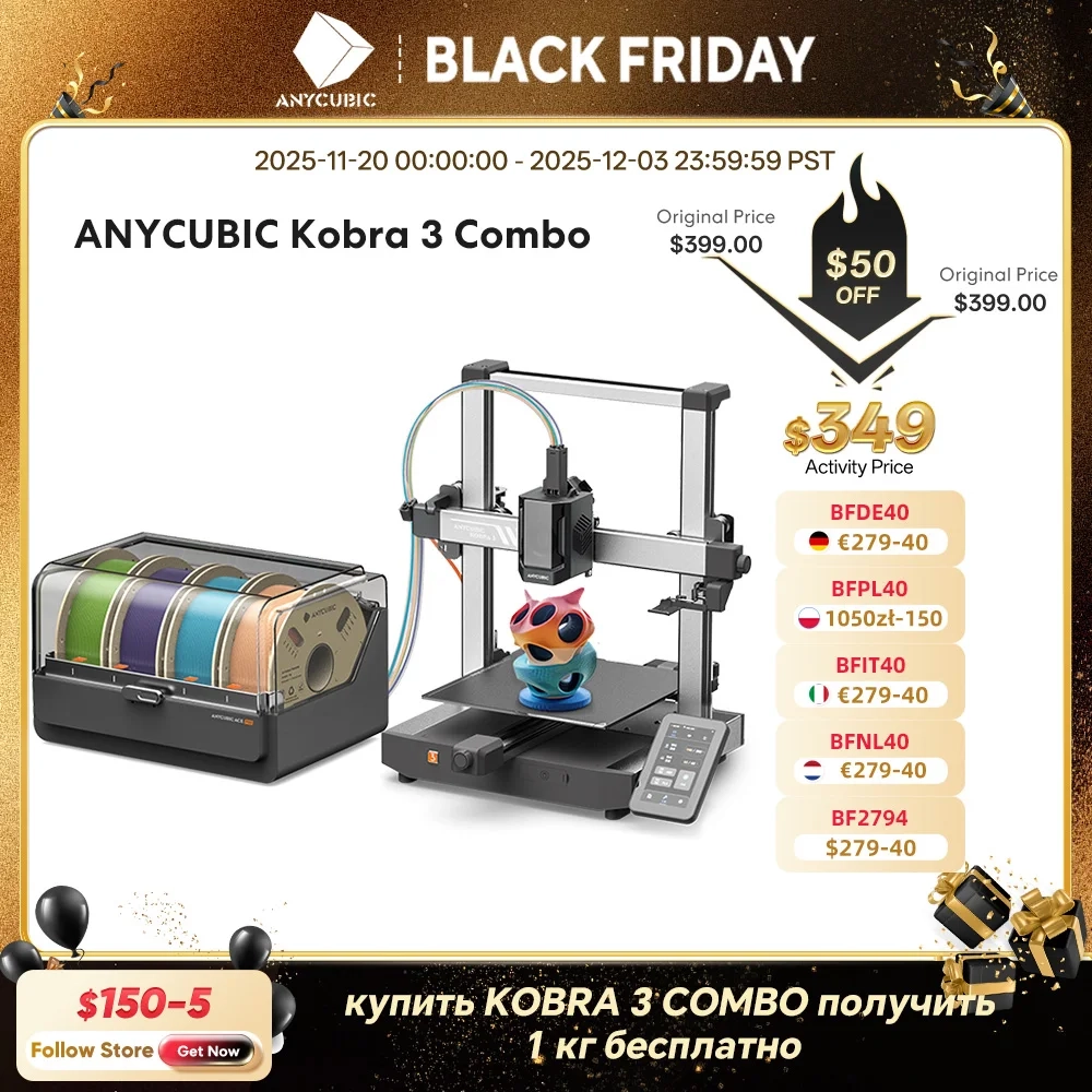 ANYCUBIC Kobra 3 Combo AE-Version, mehrfarbiger FDM-3D-Drucker, 600 mm/s Druckgeschwindigkeit, Baugröße 250 x 250 x 260 mm, 4 bis 8 Farbdruck