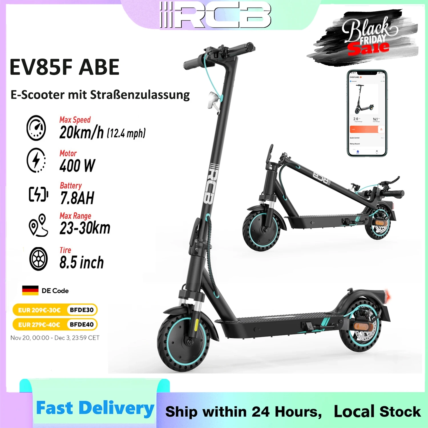 RCB Elektroroller für Erwachsene EV85F ABE, APP-Steuerung, 400-W-Motor, 7,8-Ah-Akku, 20 km/h Höchstgeschwindigkeit, 30 km Reichweite, Gewicht 15 kg, 3 Geschwindigkeitsmodi, Elektroroller mit