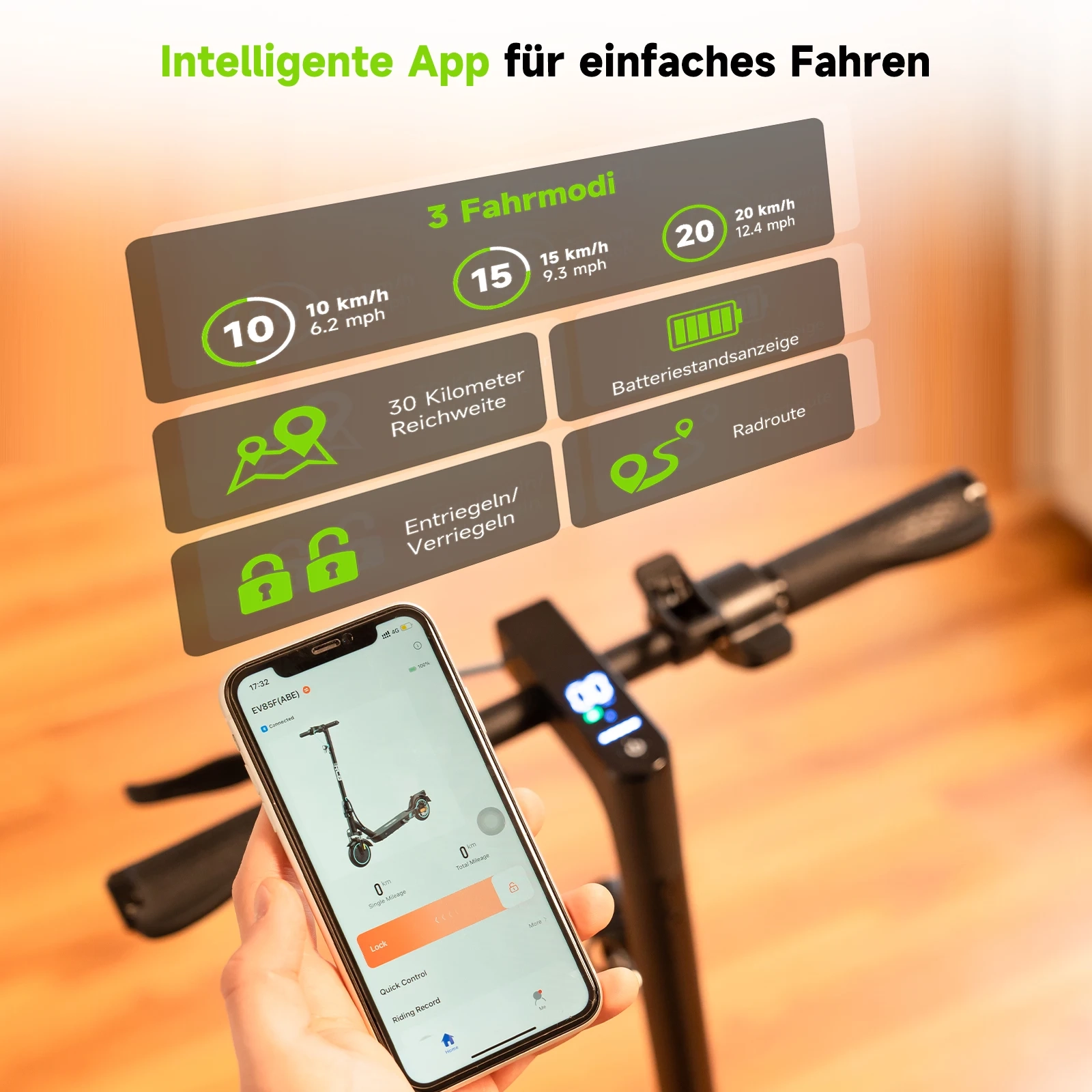 RCB Elektroroller für Erwachsene EV85F ABE, APP-Steuerung, 400-W-Motor, 7,8-Ah-Akku, 20 km/h Höchstgeschwindigkeit, 30 km Reichweite, Gewicht 15 kg, 3 Geschwindigkeitsmodi, Elektroroller mit