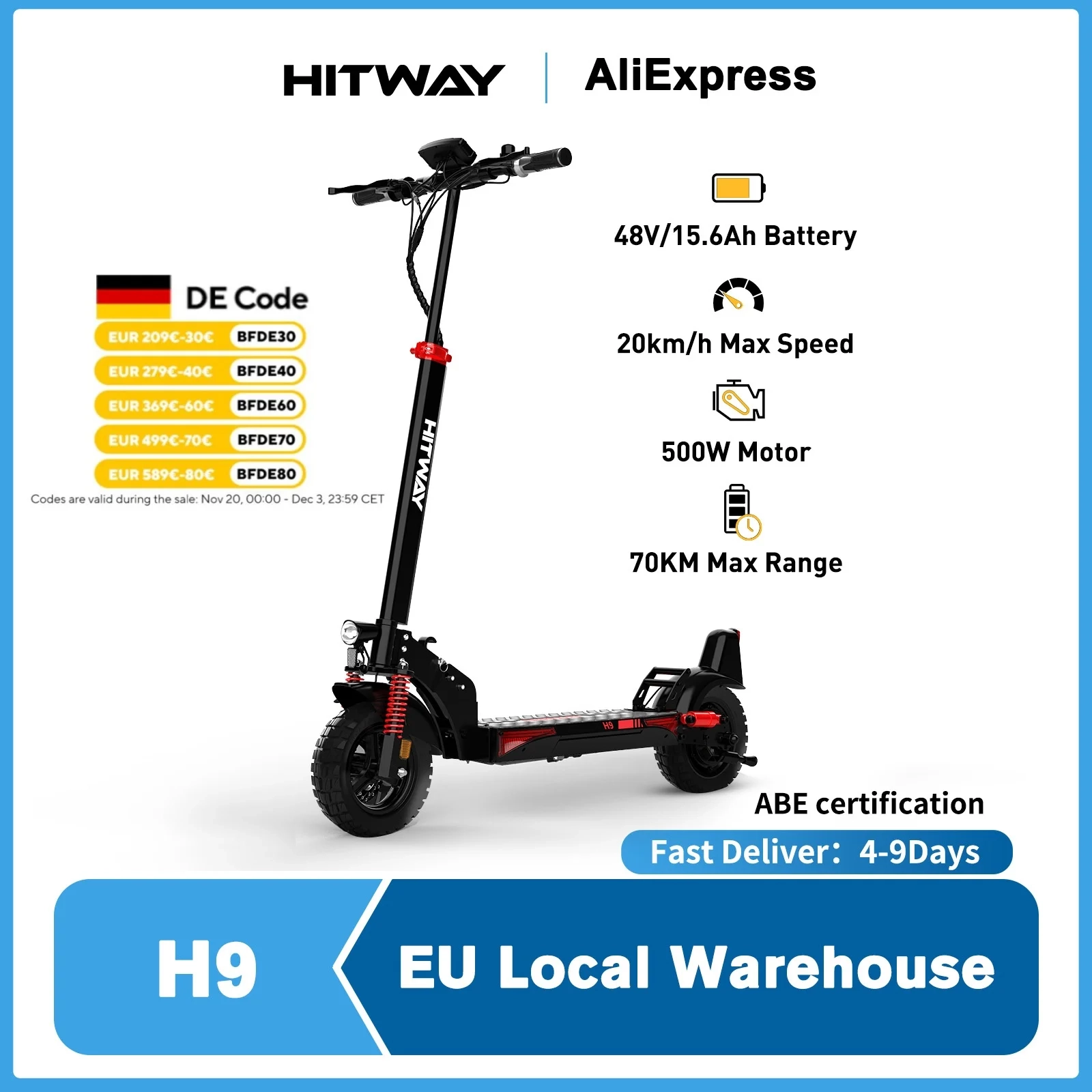 Hitway E-Scooter, Straßenzertifizierung (Abe), 10-Zoll-Elektroroller für Erwachsene, 15,6-Ah-Akku, 500-W-Motor