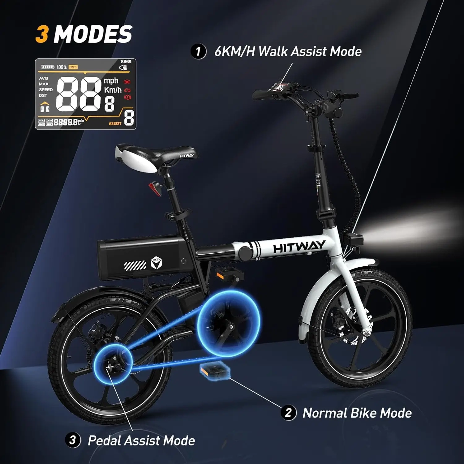 HITWAY BK 35S Elektrofahrrad, 16-Zoll-E-Radsport 250 W City-E-Bike, maximale Reichweite 25–60 km, Damen und Herren