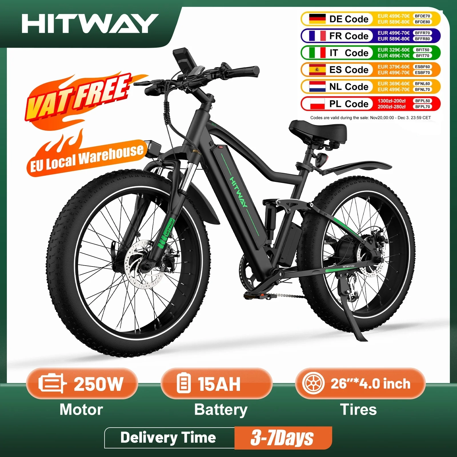 Hitway 26 "4,0 Fett reifen Elektro fahrrad, Elektro fahrrad mit 250Watt Motor 48V 15ah Lithium batterie, 7-Gang-Getriebe und Mountainbike