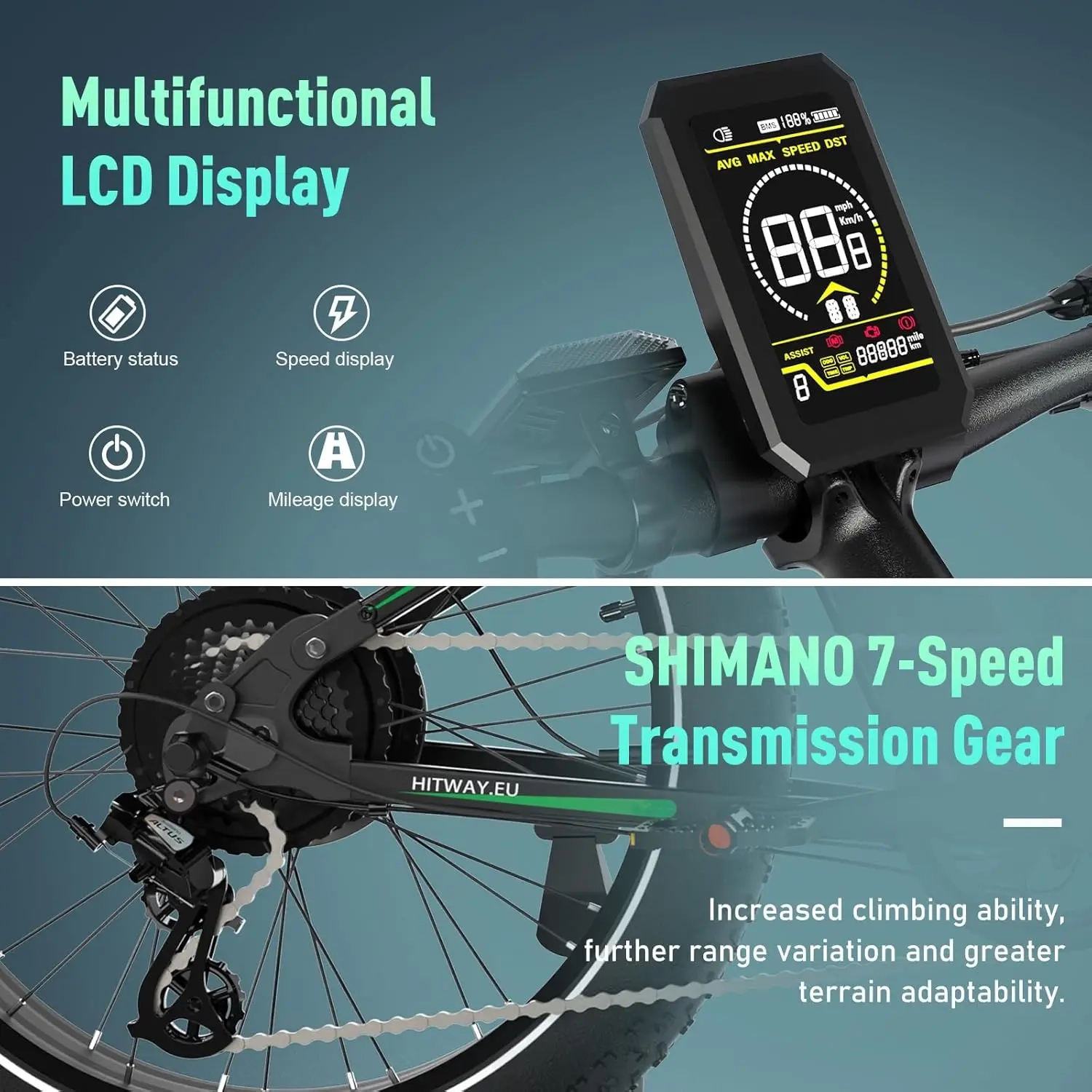 Hitway 26 "4,0 Fett reifen Elektro fahrrad, Elektro fahrrad mit 250Watt Motor 48V 15ah Lithium batterie, 7-Gang-Getriebe und Mountainbike