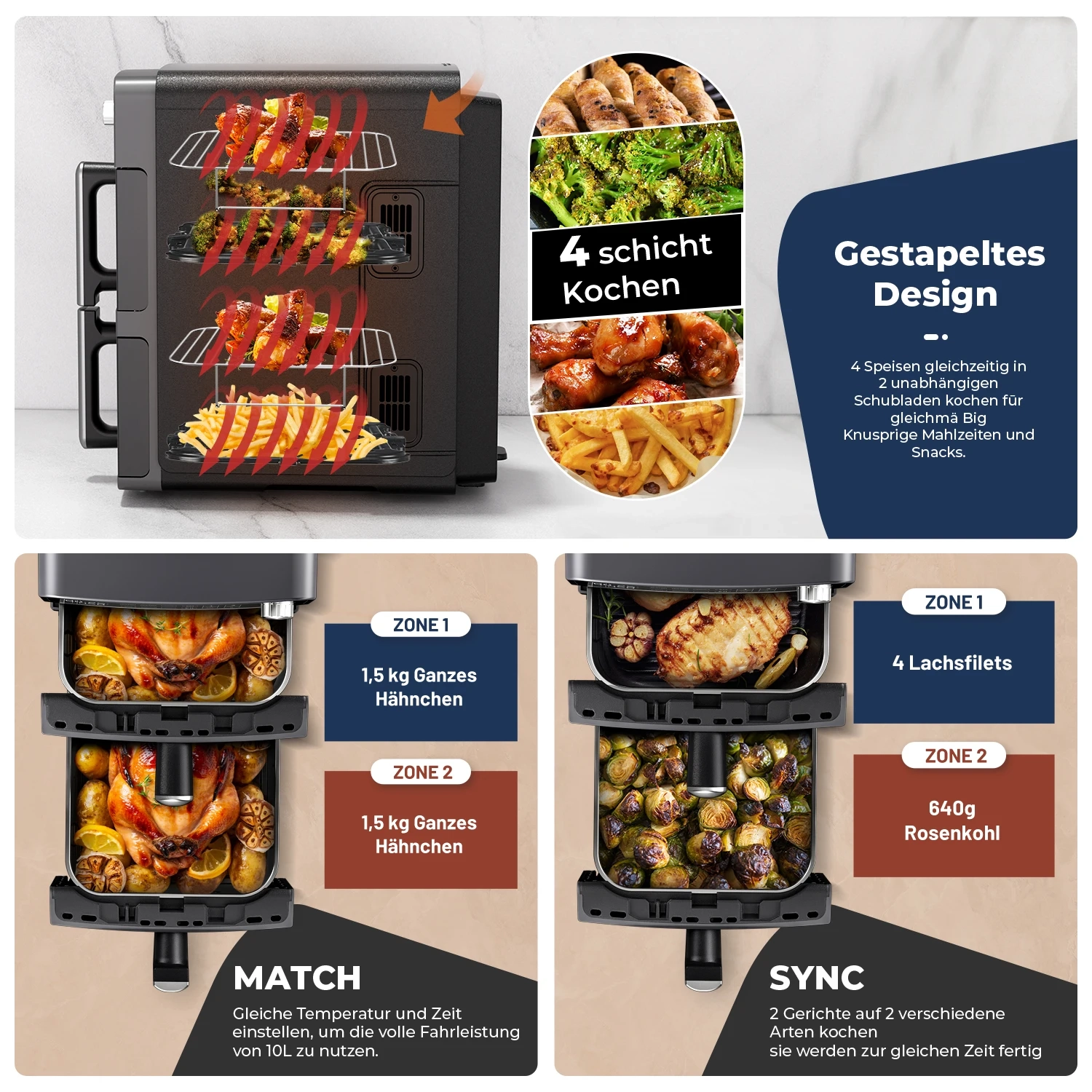 Double Stack XXL Heißluftfritteuse, 2 vertikale Schubladen, 4 Kochstufen, 2 Einschübe, platzsparendes Design, 10 L Fassungsvermögen, 6 Funktionen, Schwarz