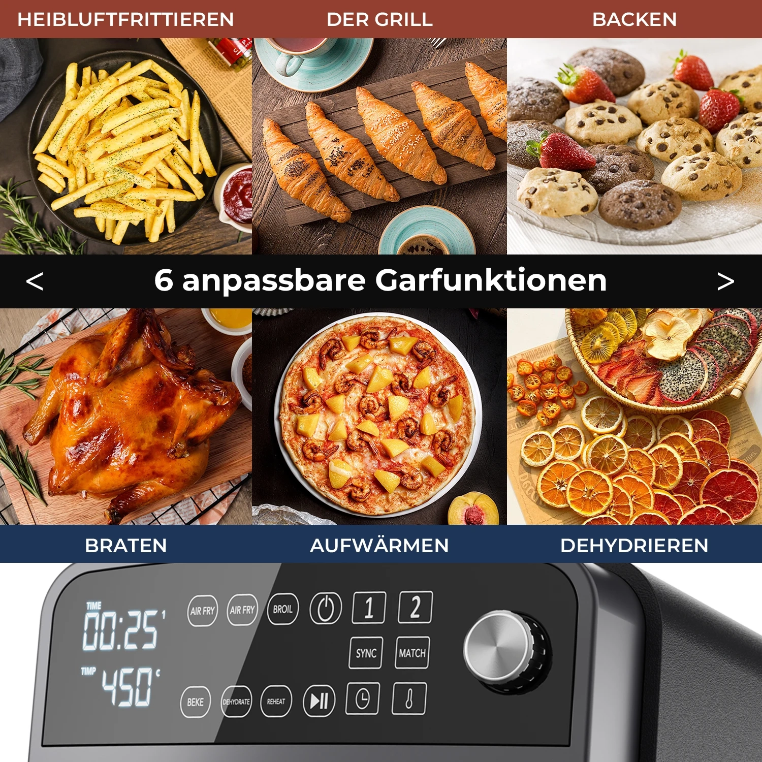 Double Stack XXL Heißluftfritteuse, 2 vertikale Schubladen, 4 Kochstufen, 2 Einschübe, platzsparendes Design, 10 L Fassungsvermögen, 6 Funktionen, Schwarz