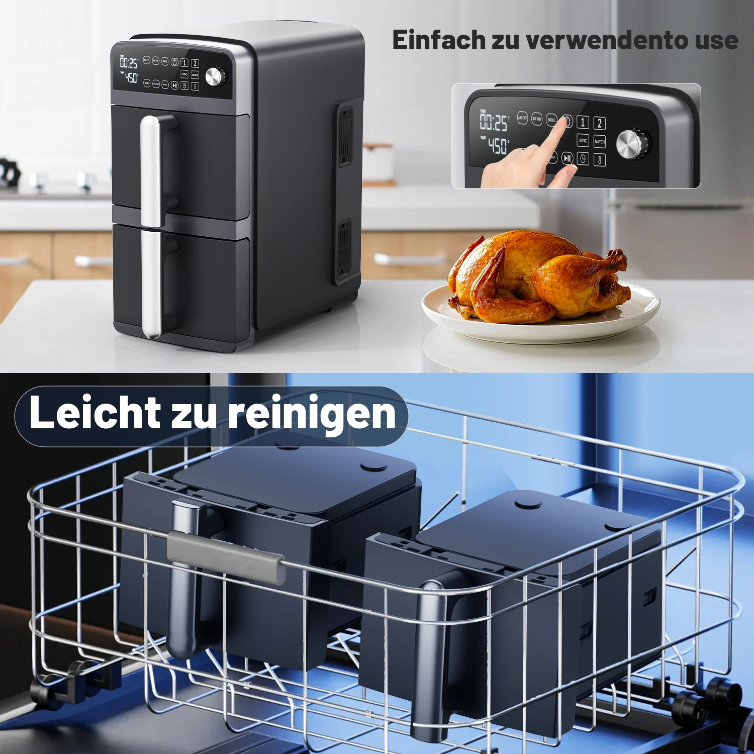 Double Stack XXL Heißluftfritteuse, 2 vertikale Schubladen, 4 Kochstufen, 2 Einschübe, platzsparendes Design, 10 L Fassungsvermögen, 6 Funktionen, Schwarz