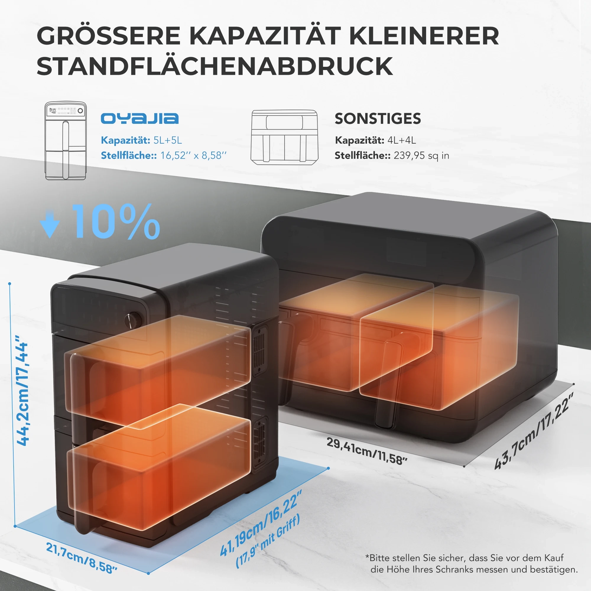 Double Stack XXL Heißluftfritteuse, 2 vertikale Schubladen, 4 Kochstufen, 2 Einschübe, platzsparendes Design, 10 L Fassungsvermögen, 6 Funktionen, Schwarz