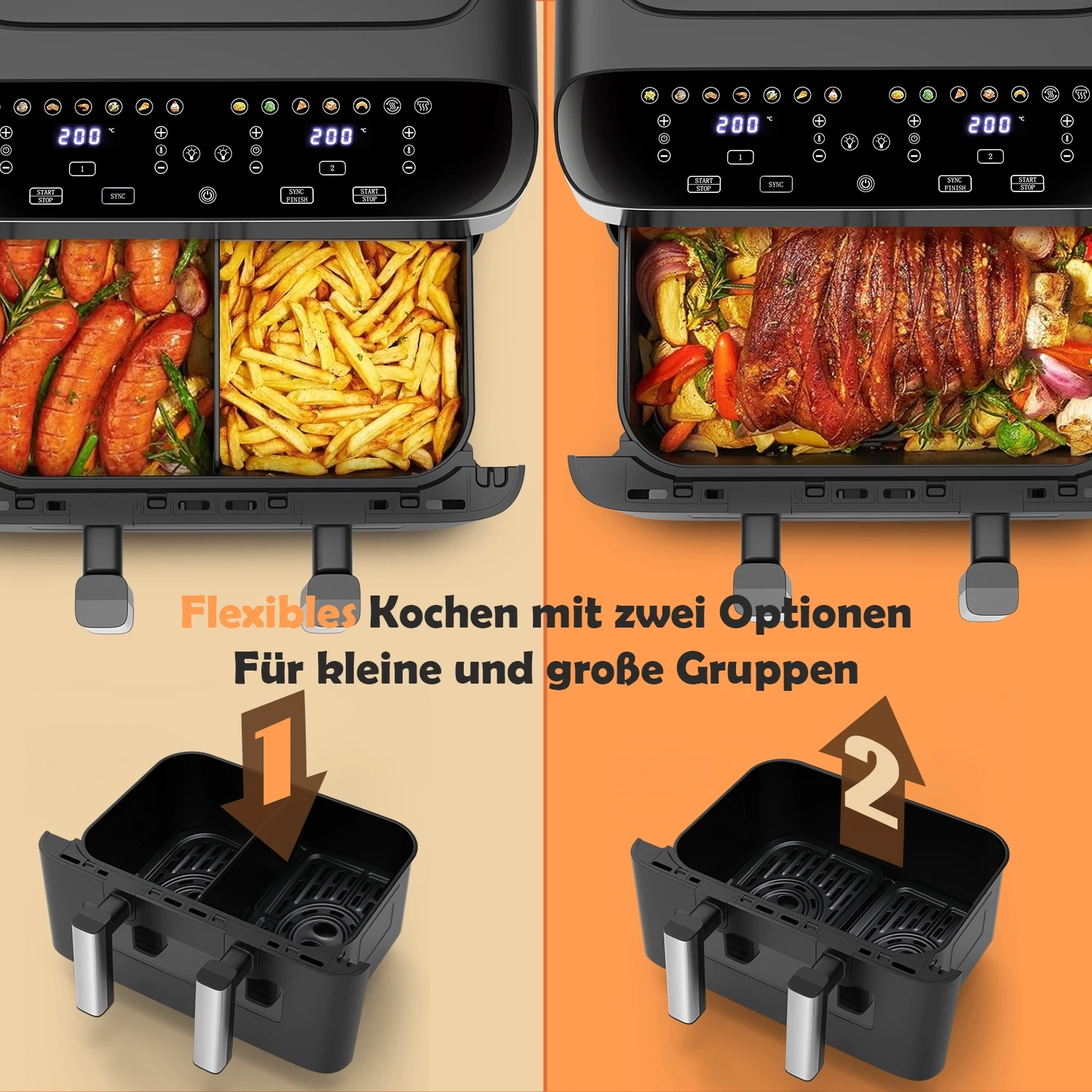 10-Liter-Heißluftfritteuse, ein- oder Doppelkammer, verstellbar, XXL-Airfryer mit Touchscreen, 12 Programmen, Auftauen & Erwärmen Heißluftfritteuse mit Sichtfenster