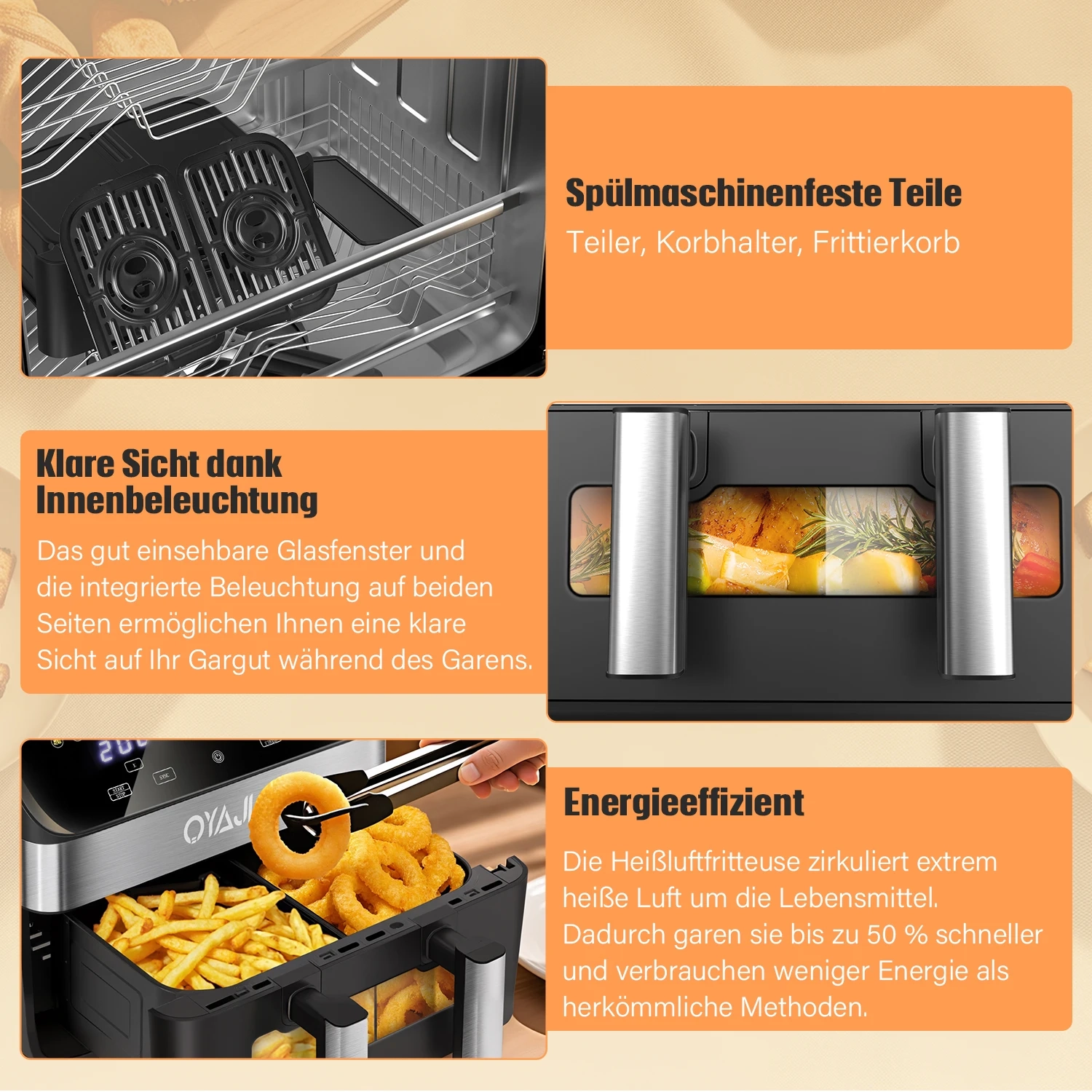 10-Liter-Heißluftfritteuse, ein- oder Doppelkammer, verstellbar, XXL-Airfryer mit Touchscreen, 12 Programmen, Auftauen & Erwärmen Heißluftfritteuse mit Sichtfenster