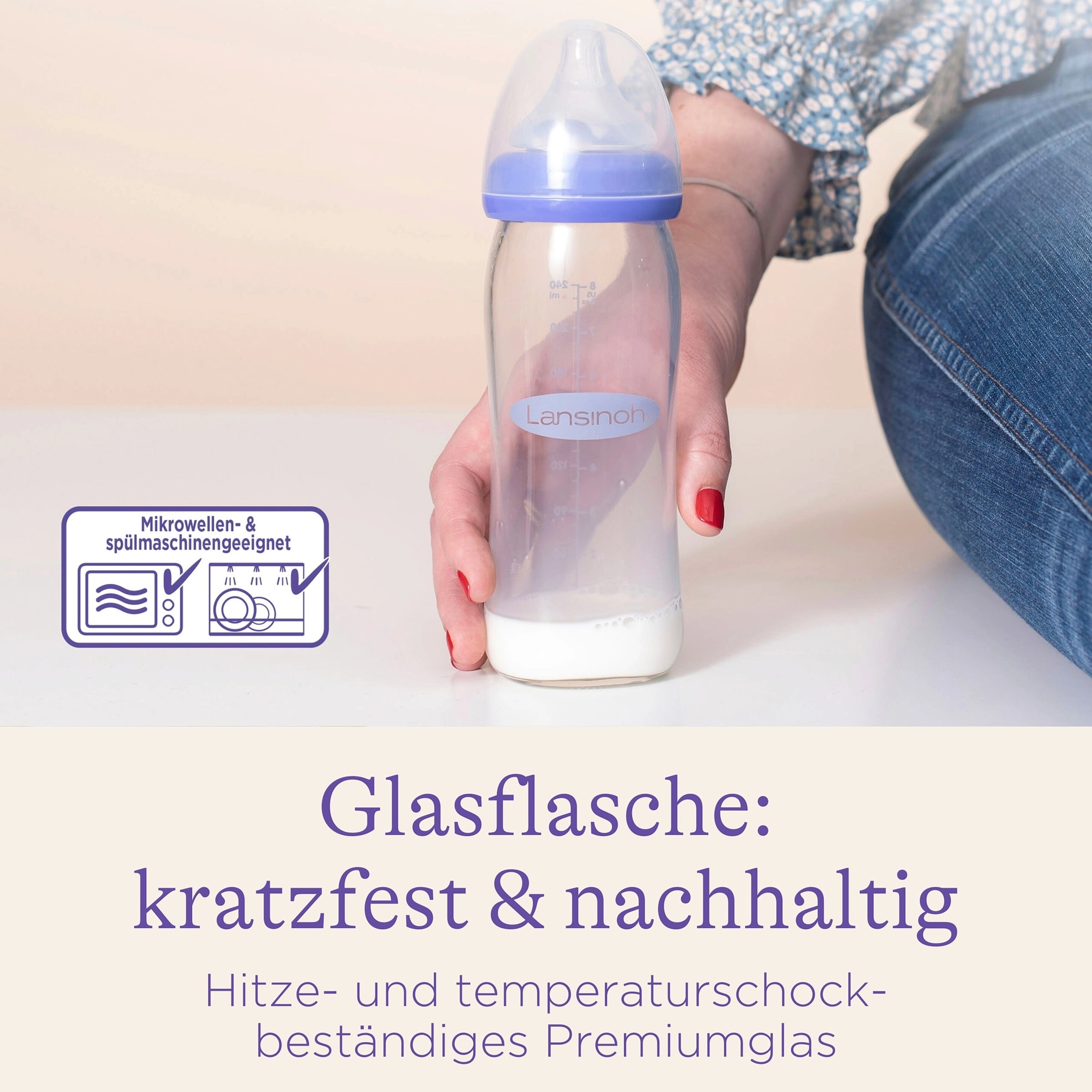 Lansinoh Babyflasche mit NaturalWave®Sauger S, Glas, Weithals, 160 ml