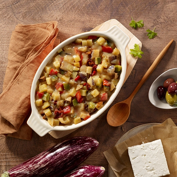 Notvorrat Moussaka mit Hirtenkäse und getrockneten Tomaten, 10 Jahre haltbar, Inhalt 4 x 400 g