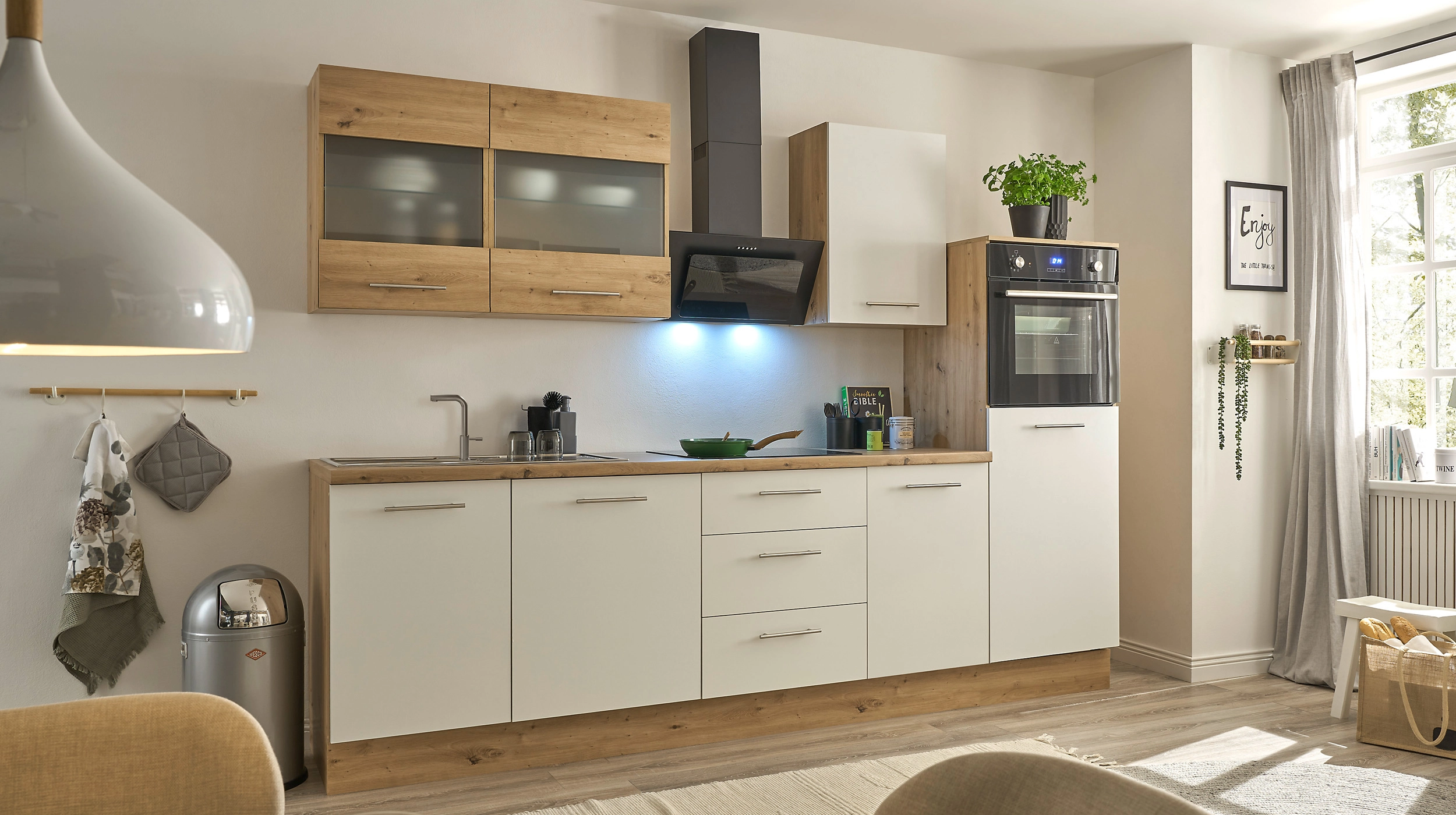 Küchenzeile - weiß - Artisan Eiche - 280 cm - inkl. Elektrogeräten - ISOLA