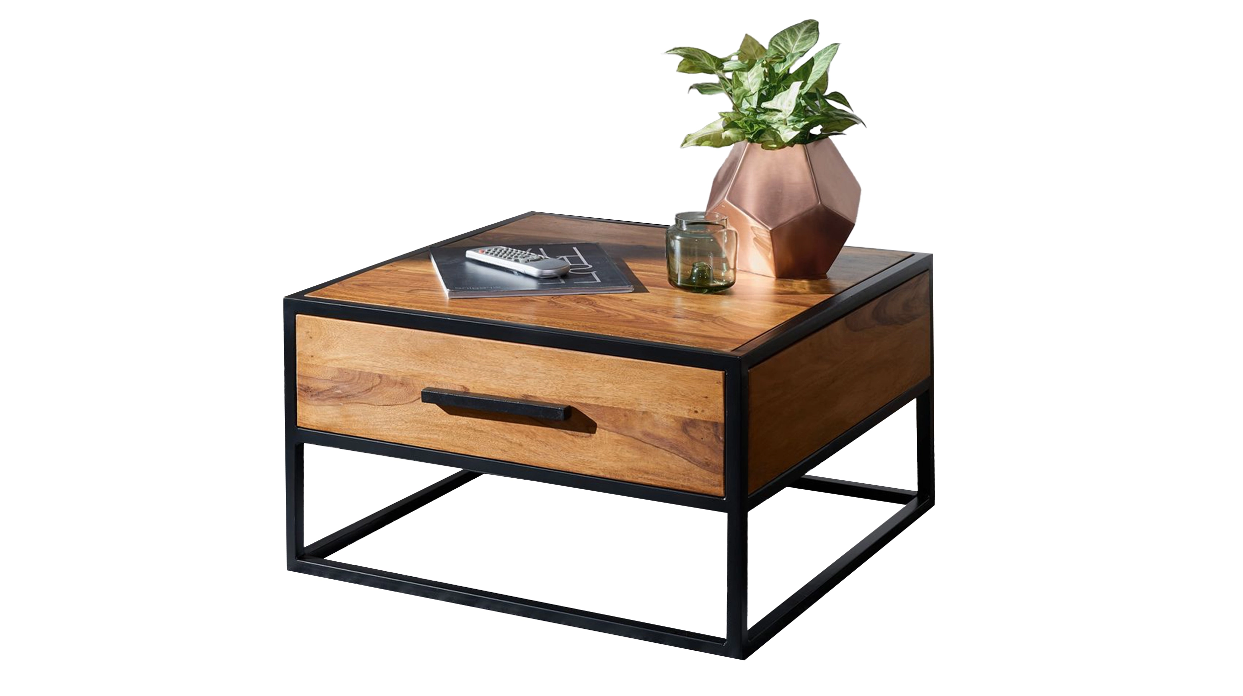 Couchtisch mit Schublade Sheesham massiv gebeizt 65 x 65 cm - SIGNE