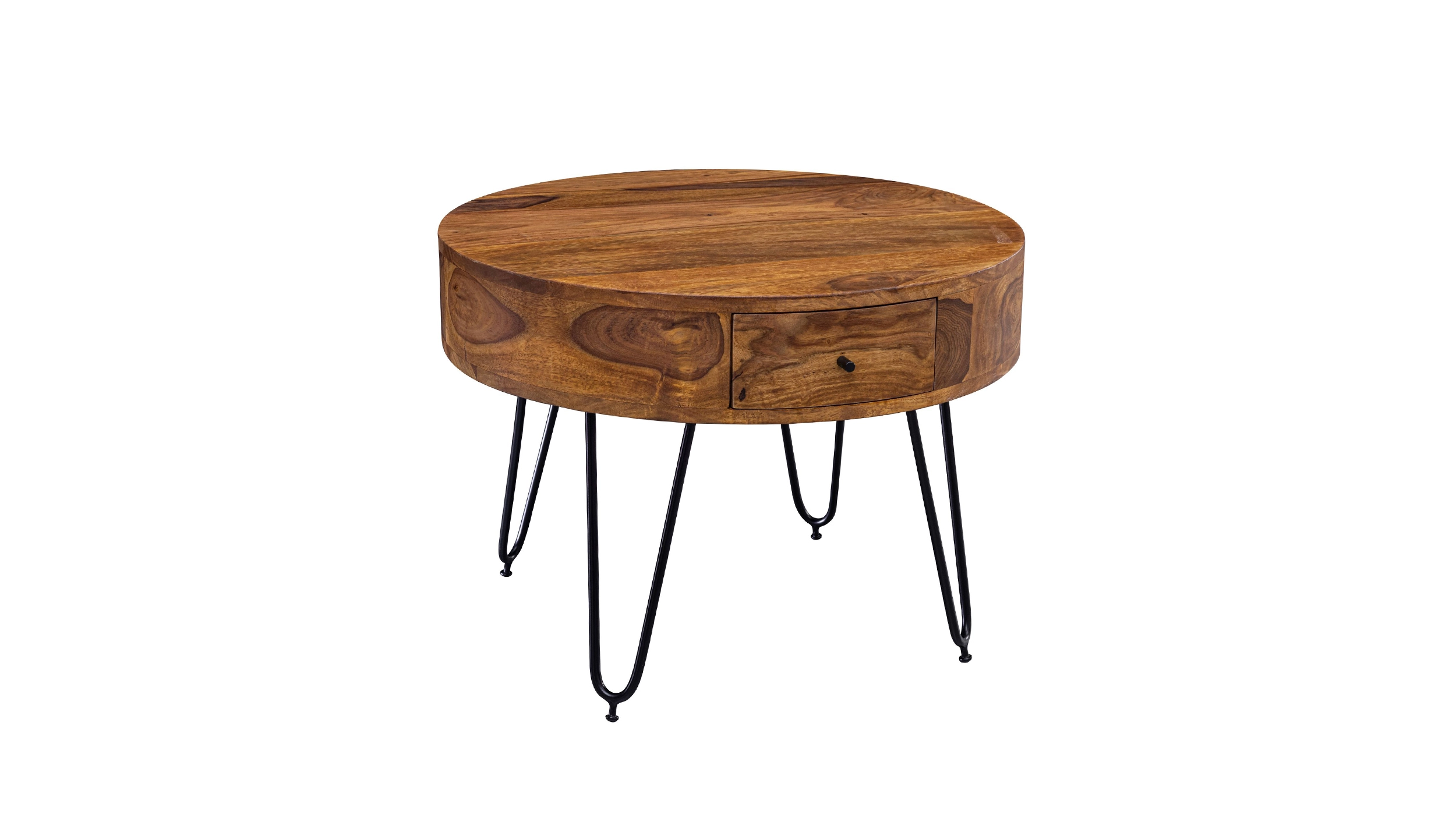 Couchtisch rund mit Schublade Sheesham massiv gebeizt 60 cm - THORE